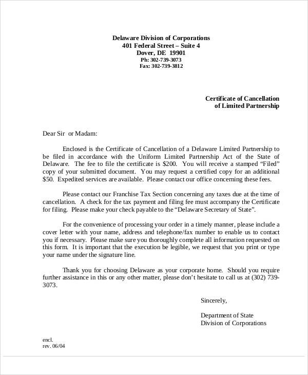 termination letter of limited partnerships