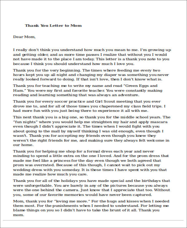 thank you letter to mom essay