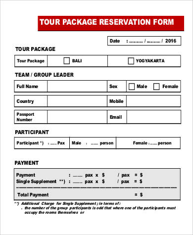 tour package reservation form
