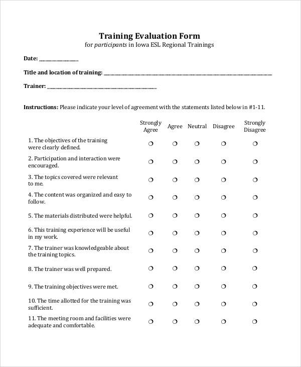 training evaluation form sample