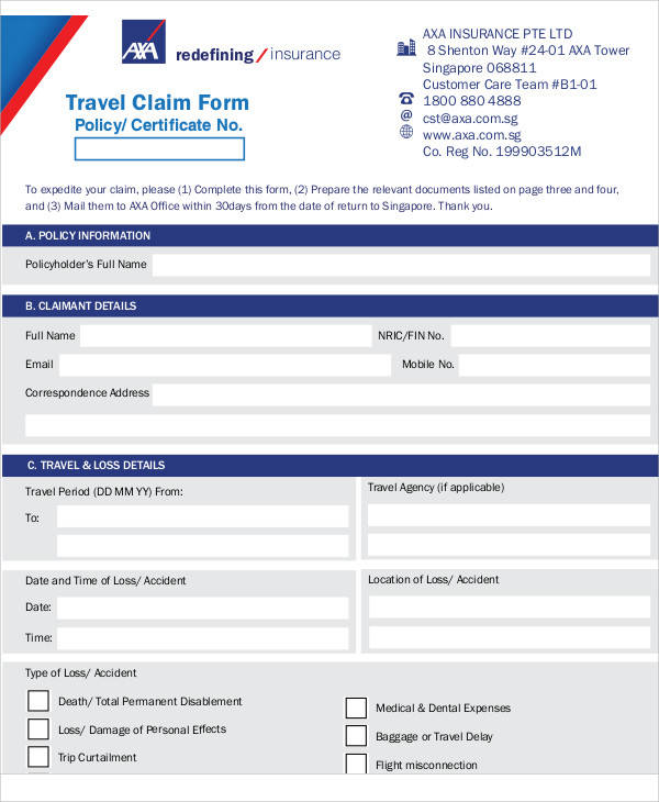 travel services claim form