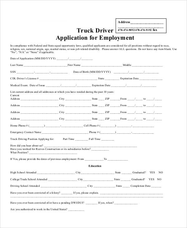 truck driver employment application form