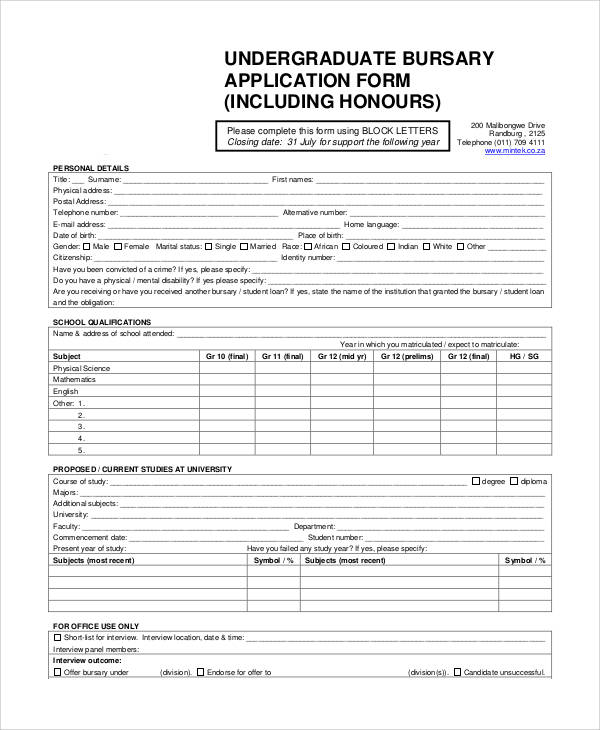 undergraduate bursary application form