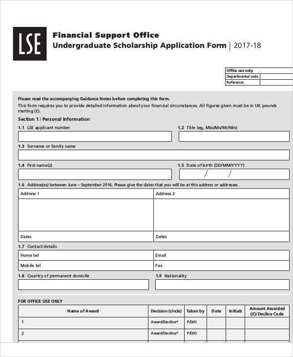 undergraduate scholarship application form
