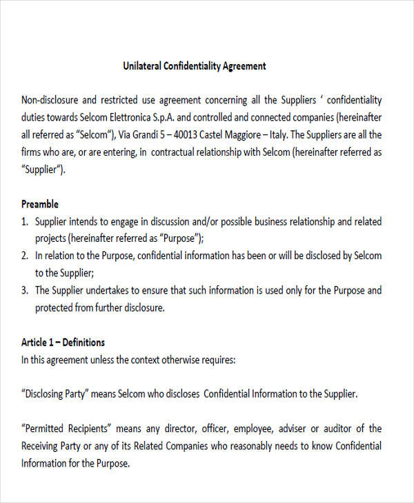 unilateral data confidentiality agreement