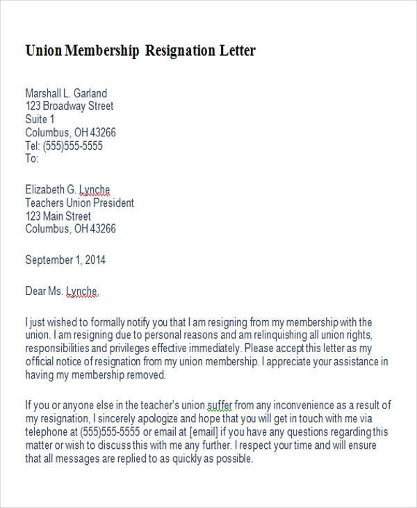 union membership resignation letter