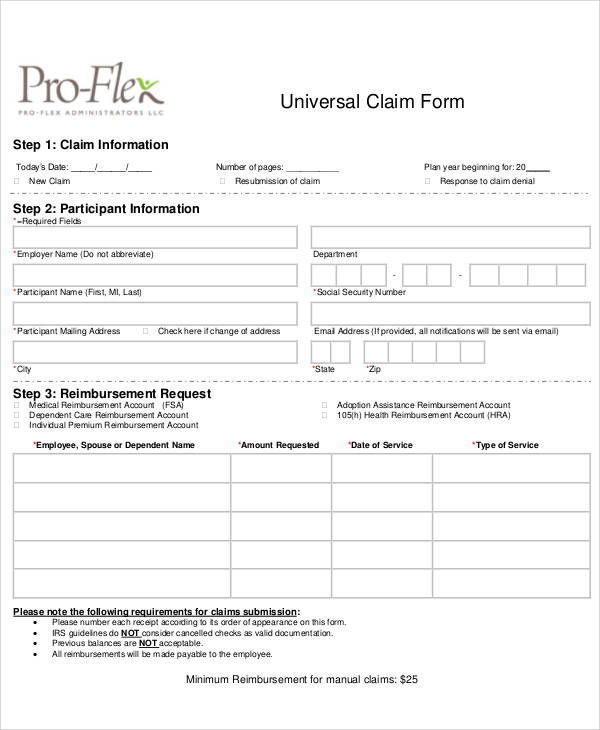 Universal Claim Form Printable 9391