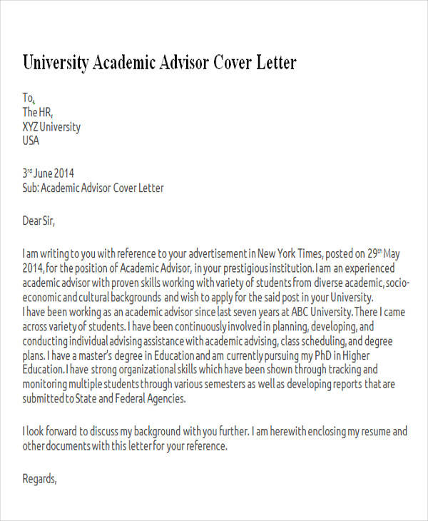 academic advising cover letter examples