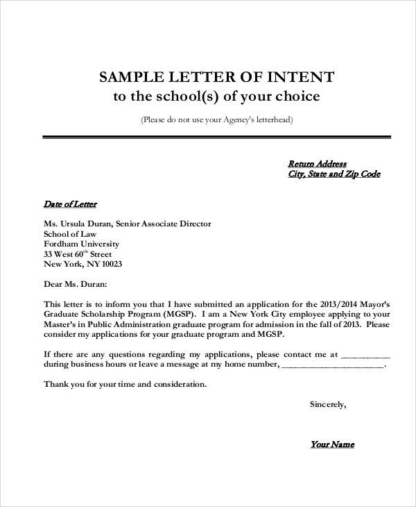 university application letter of intent