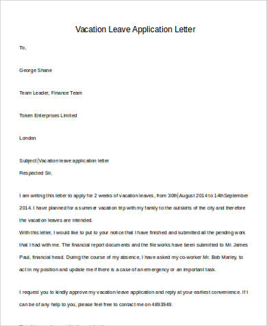 application letter for quarter vacation