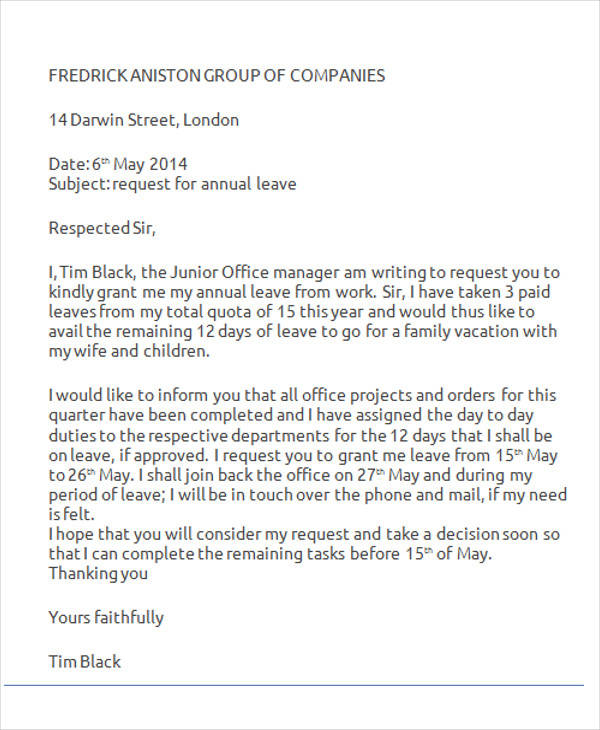 vacation leave request letter