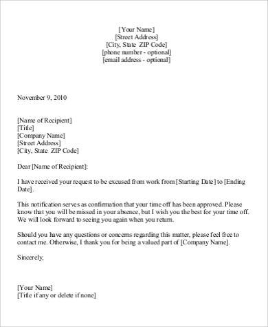 vacation leave of absence approval letter