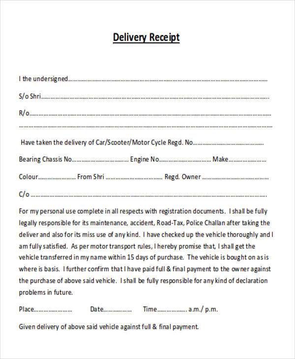 vehicle delivery receipt form