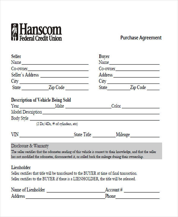 vehicle purchase agreement form