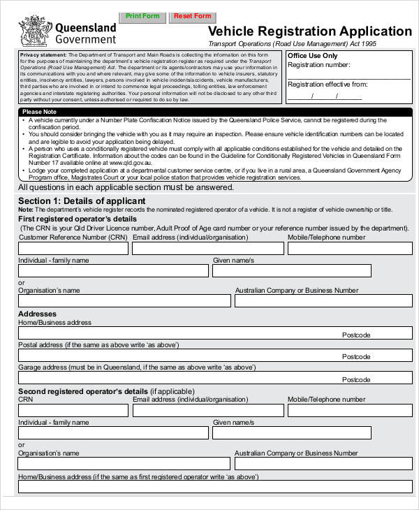 vehicle registration application form