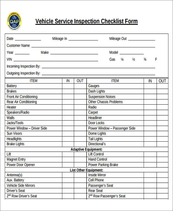 vehicle service inspection checklist form