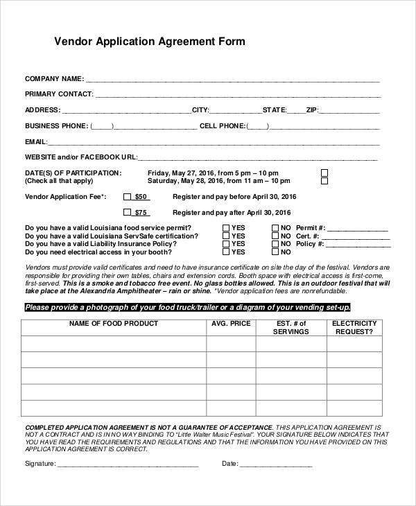 vendor application agreement form