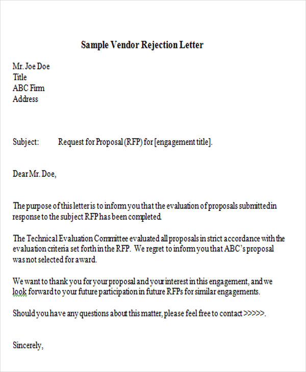 vendor proposal rejection letter