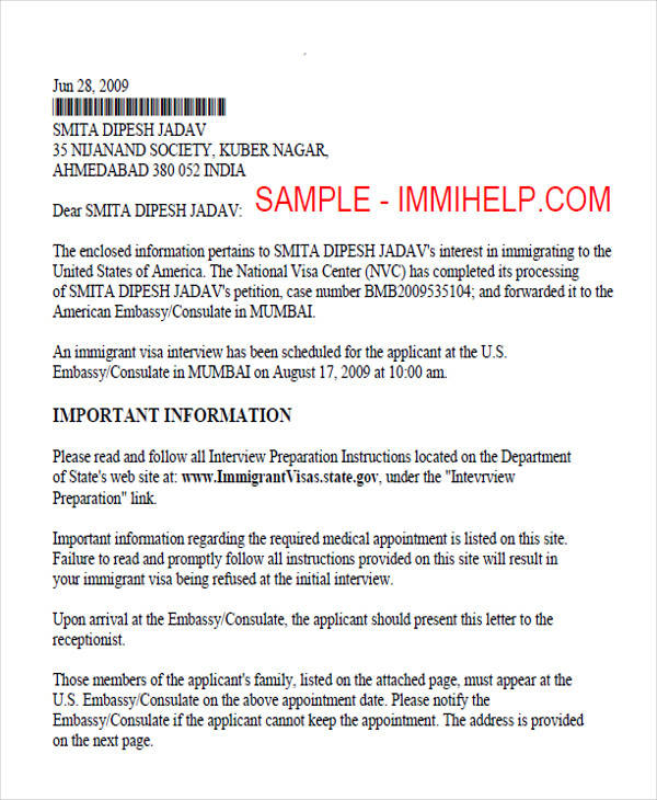 visa interview appointment letter in pdf