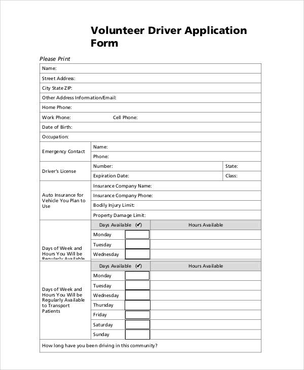 volunteer driver application form