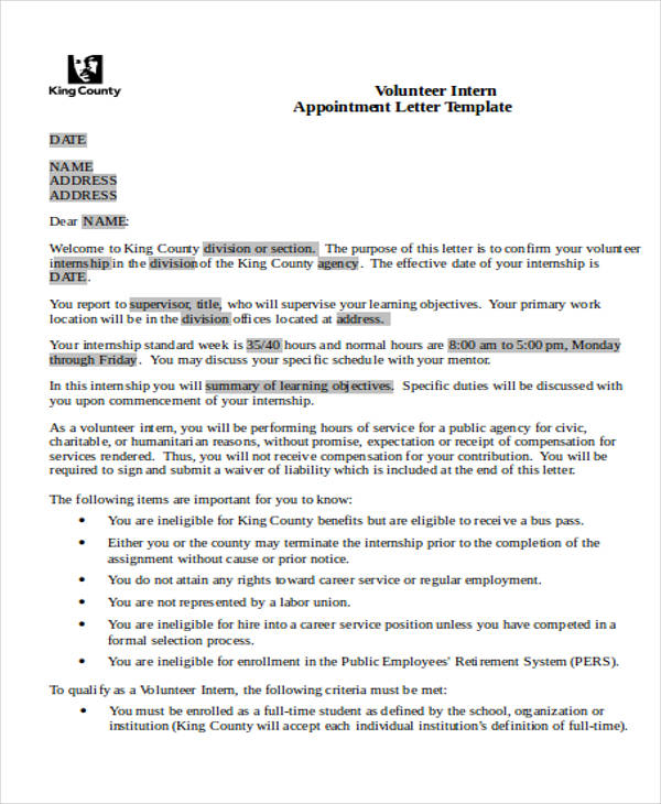 volunteer intern appointment letter