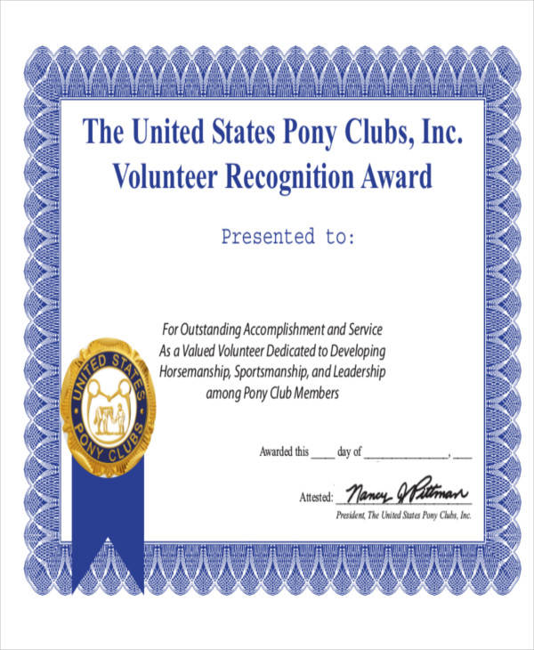 volunteer recognition award certificate