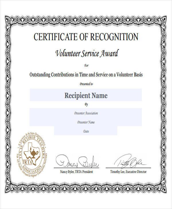volunteer service award certificate