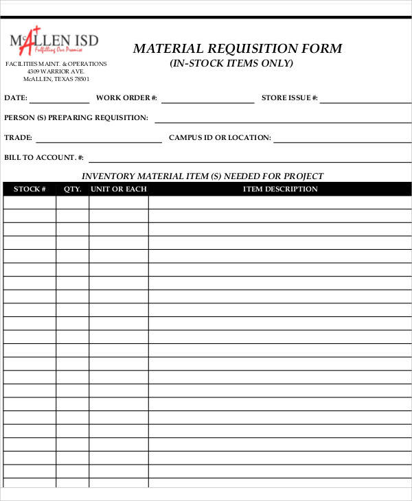 warehouse material requisition form