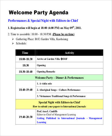 welcome party agenda