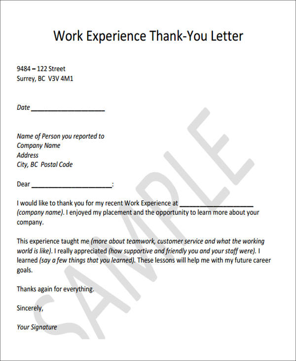 work experience thank you letter