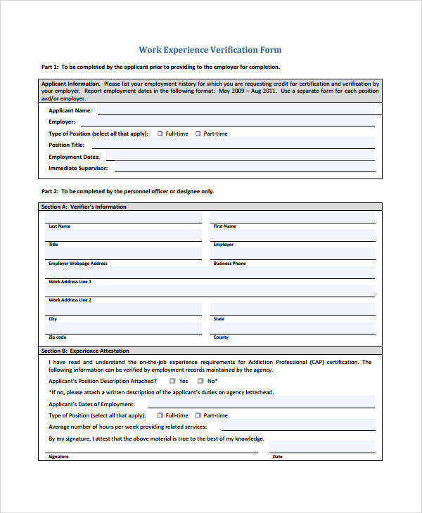 work experience verification form