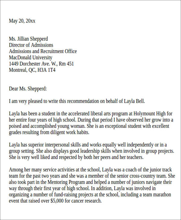 youth leadership recommendation letter