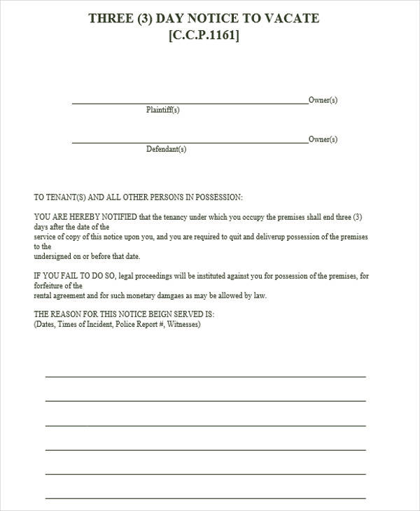 Free Printable 3 Day Notice Form