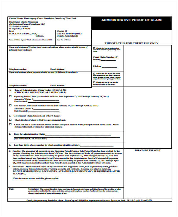 administrative proof of claim form