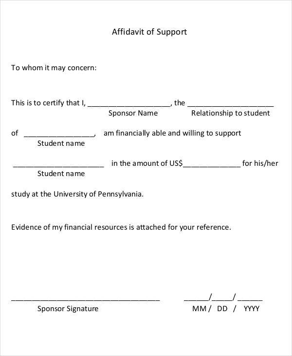 affidavit letter of financial support