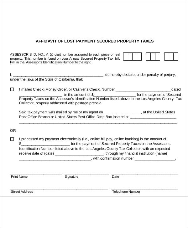 affidavit of loss payment form