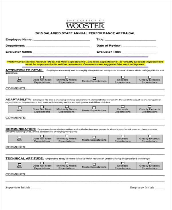 annual appraisal form sample