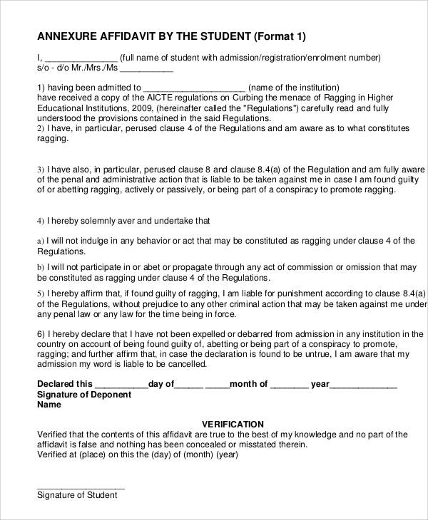 anti ragging affidavit form format