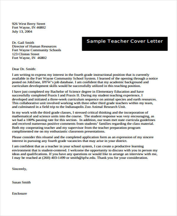 application letter for teacher job