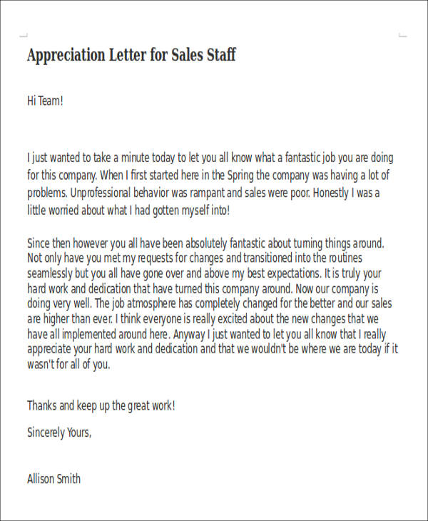 appreciation letter for sales staff