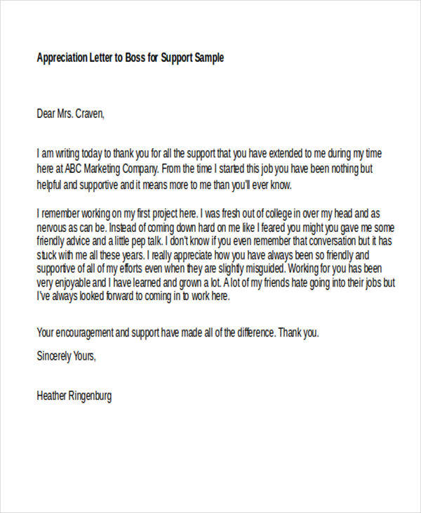 appreciation letter to boss for support sample1