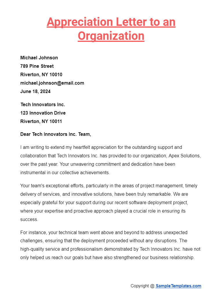 appreciation letter to an organization