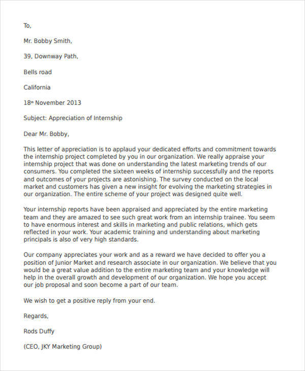 appreciation letter to internship student