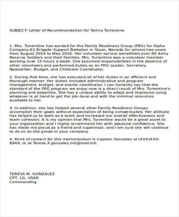 army retention letter of recommendation format