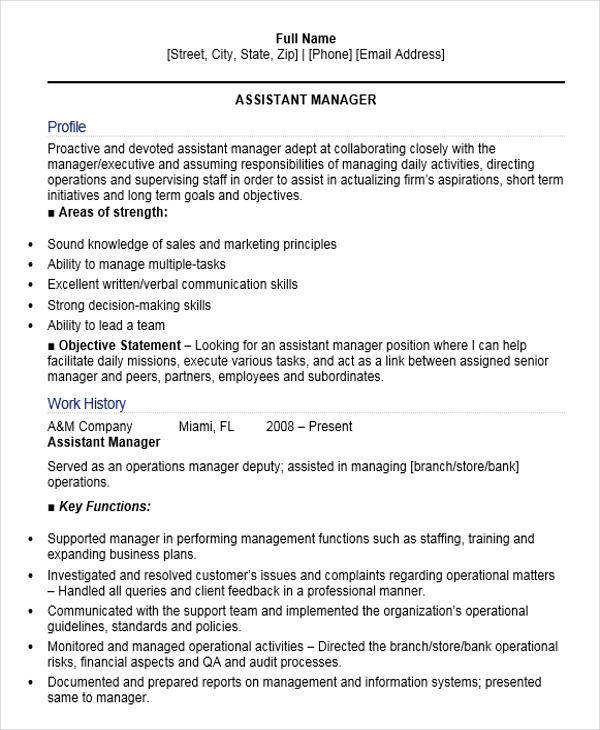 assistant manager experience manager