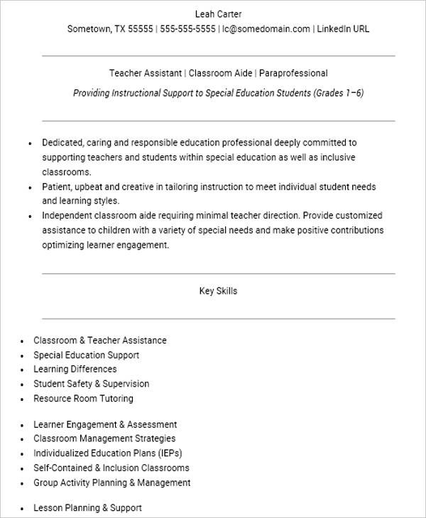 assistant school teacher resume