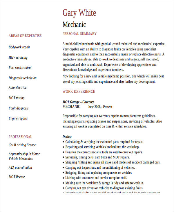 automobile technician resume format