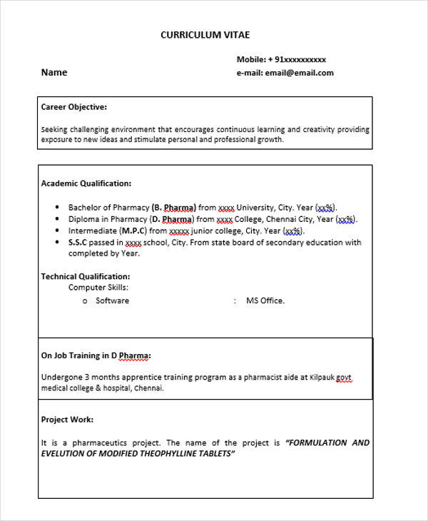 b pharmacy resume format pdf download