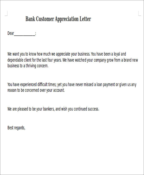 bank customer appreciation letter