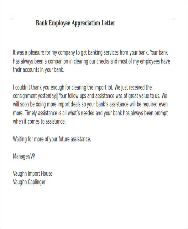 bank employee appreciation letter